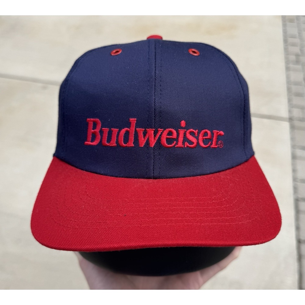 Vtg 90s Budweiser Snapback Hat Cap Blue Red Embroidered‎ Spellout EUC